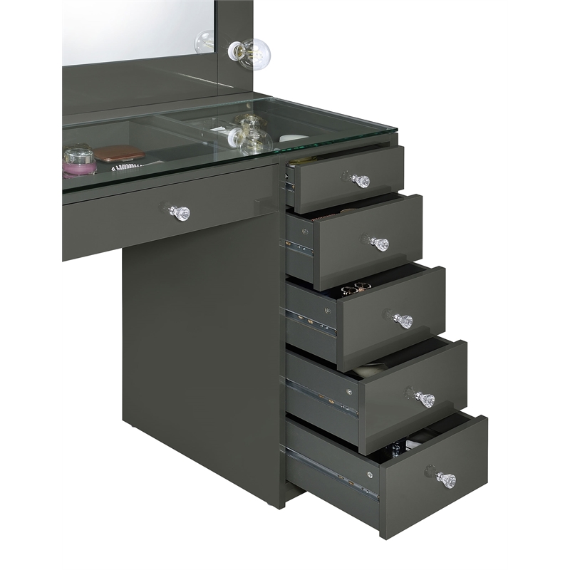 Pemberly Row 7-drawer Vanity Set with Lighting in Grey High Gloss