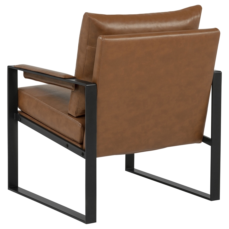 Pemberly Row Upholstered Faux Leather Track Arm Accent Chair in Brown