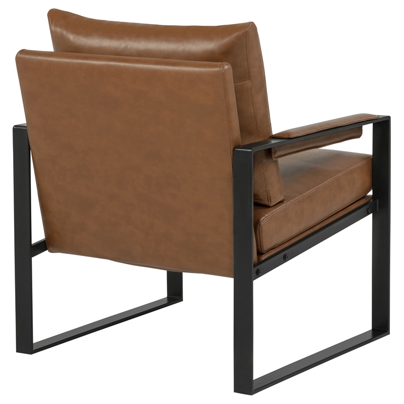 Pemberly Row Upholstered Faux Leather Track Arm Accent Chair in Brown