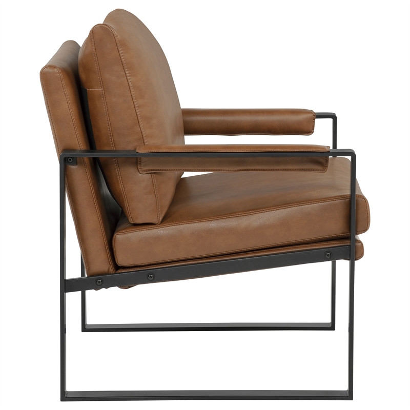 Pemberly Row Upholstered Faux Leather Track Arm Accent Chair in Brown