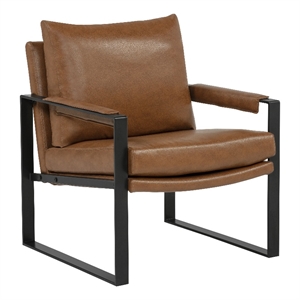 Pemberly Row Upholstered Faux Leather Track Arm Accent Chair in Brown