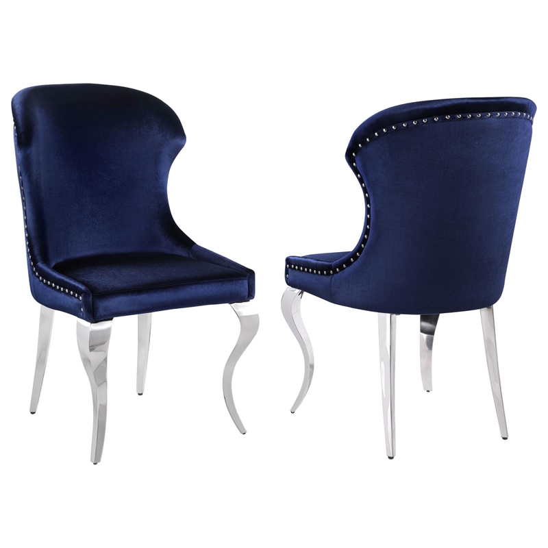 Pemberly Row Velvet Upholstered Dining Side Chair Set in Ink Blue