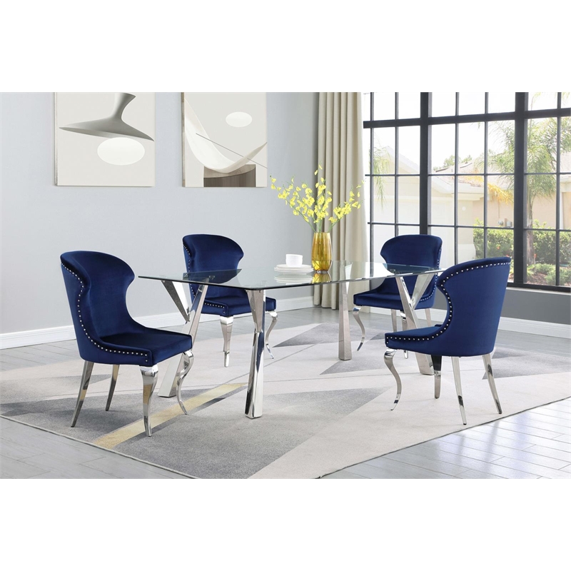 Pemberly Row Velvet Upholstered Dining Side Chair Set in Ink Blue