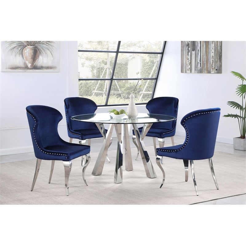Pemberly Row Velvet Upholstered Dining Side Chair Set in Ink Blue