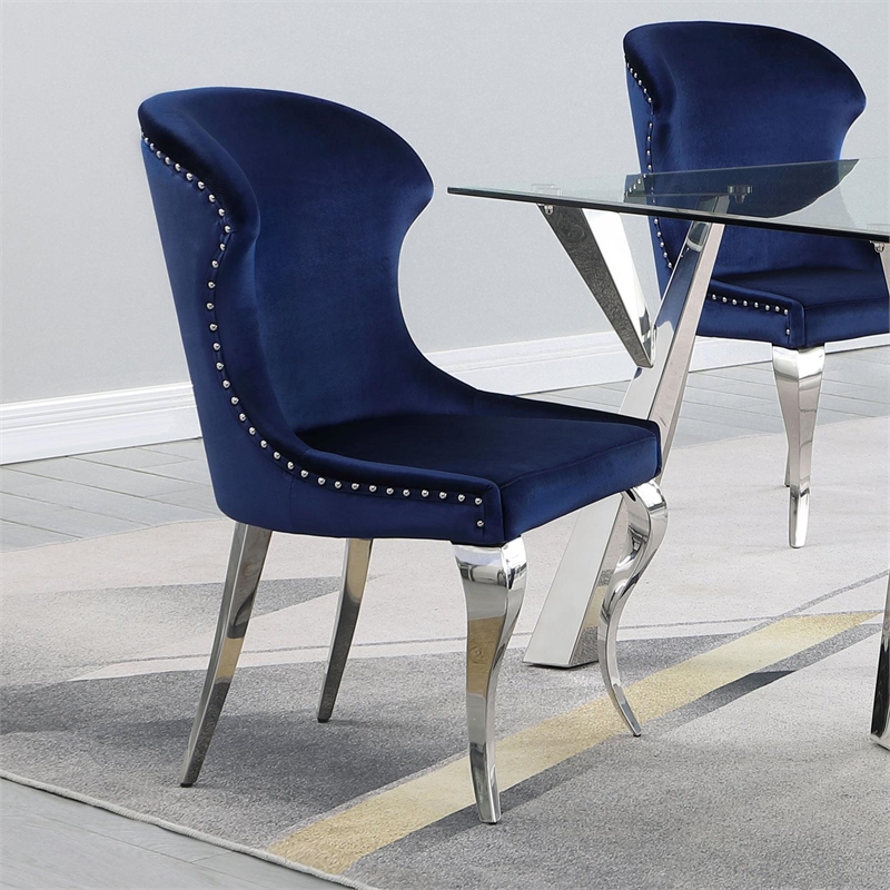 Pemberly Row Velvet Upholstered Dining Side Chair Set in Ink Blue