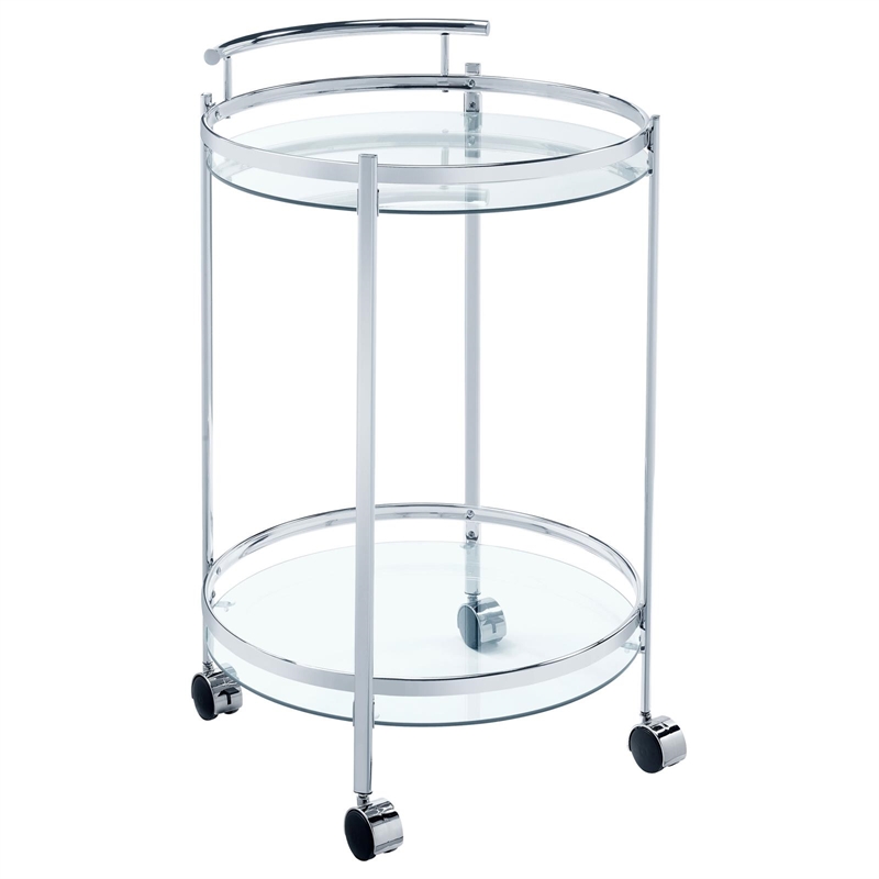 Pemberly Row 2-Tier Rolling Round Glass Shelf Metal Bar Cart in Chrome