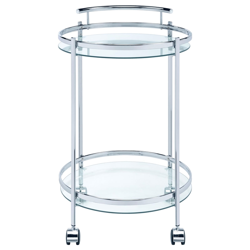Pemberly Row 2-Tier Rolling Round Glass Shelf Metal Bar Cart in Chrome