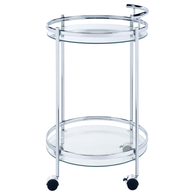 Pemberly Row 2-Tier Rolling Round Glass Shelf Metal Bar Cart in Chrome