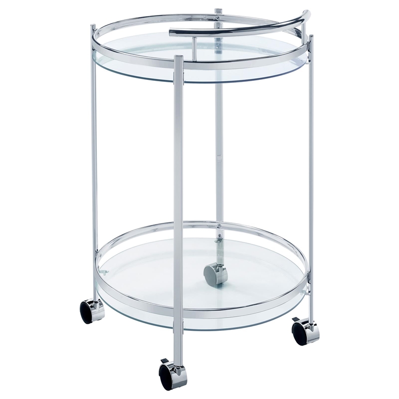 Pemberly Row 2-Tier Rolling Round Glass Shelf Metal Bar Cart in Chrome