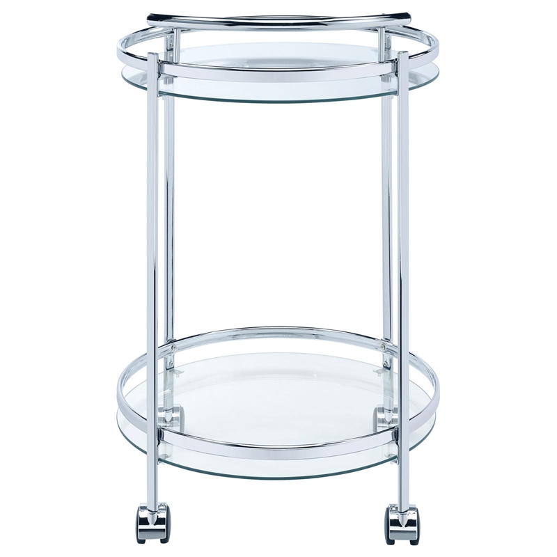 Pemberly Row 2-Tier Rolling Round Glass Shelf Metal Bar Cart in Chrome
