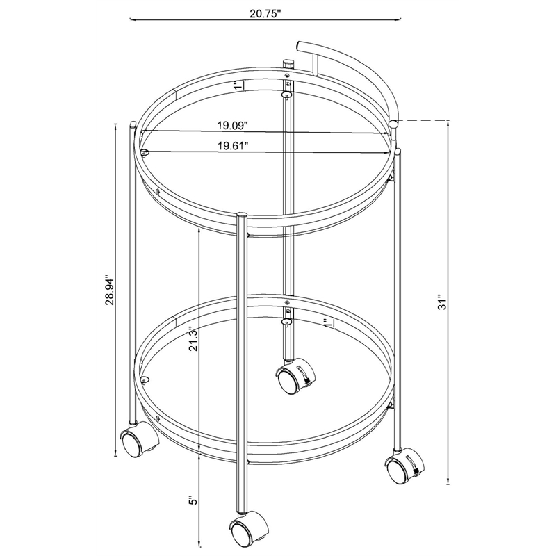 Pemberly Row 2-Tier Rolling Round Glass Shelf Metal Bar Cart in Chrome
