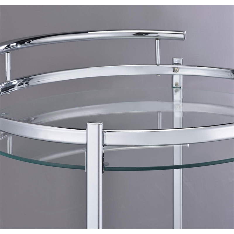 Pemberly Row 2-Tier Rolling Round Glass Shelf Metal Bar Cart in Chrome