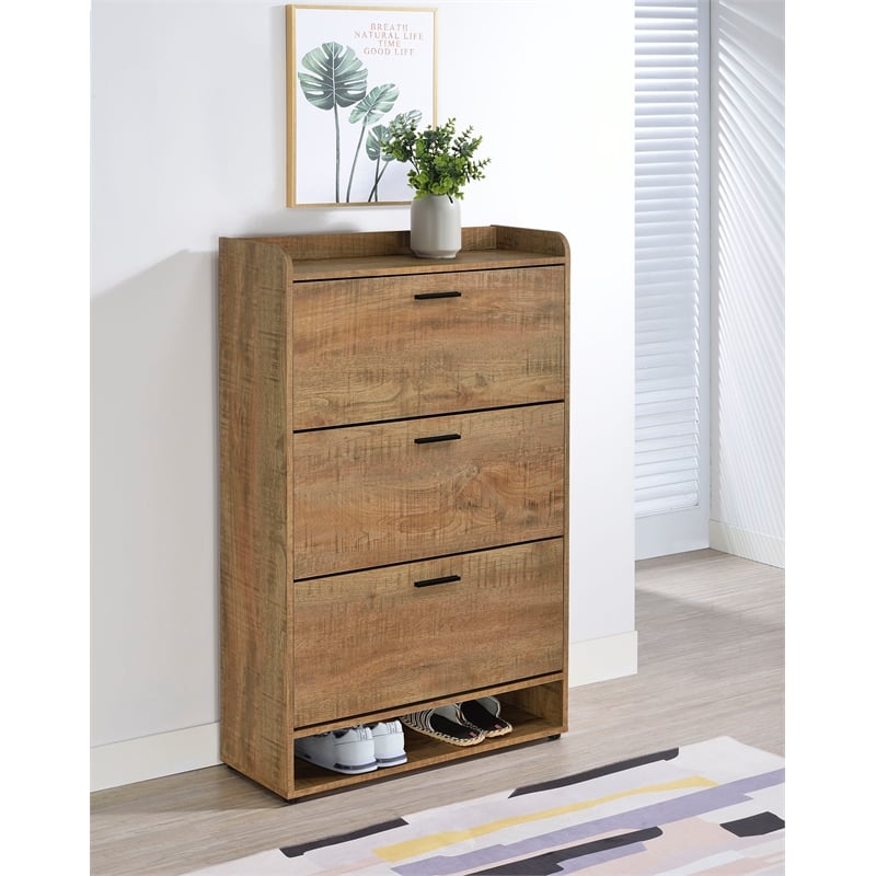 Pemberly Row Contemporary 3-tier Engineered Wood Shoe Cabinet in Brown