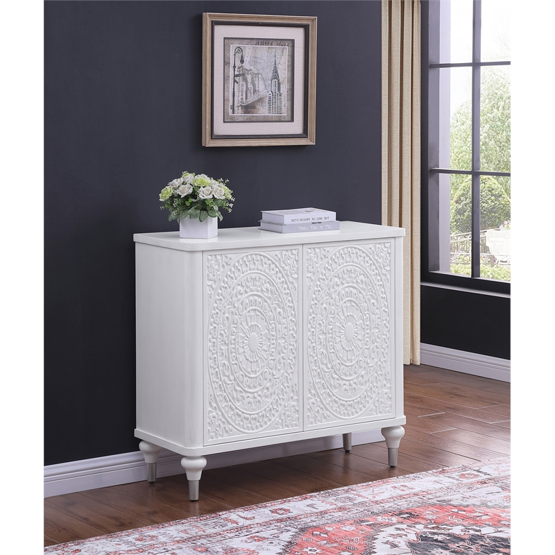 Pemberly Row 2-door Mandala Accent Cabinet in Distressed White