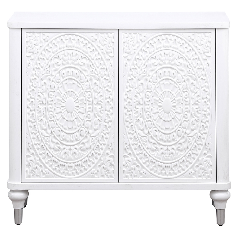 Pemberly Row 2-door Mandala Accent Cabinet in Distressed White