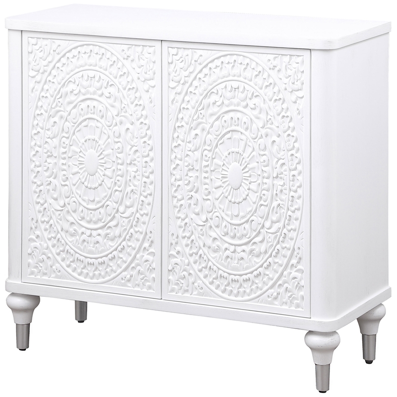 Pemberly Row 2-door Mandala Accent Cabinet in Distressed White
