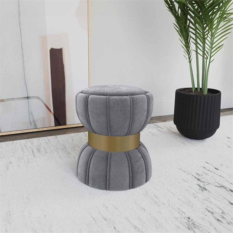 Pemberly Row Round Hourglass Soft Velvet Upholstered Ottoman in Gray