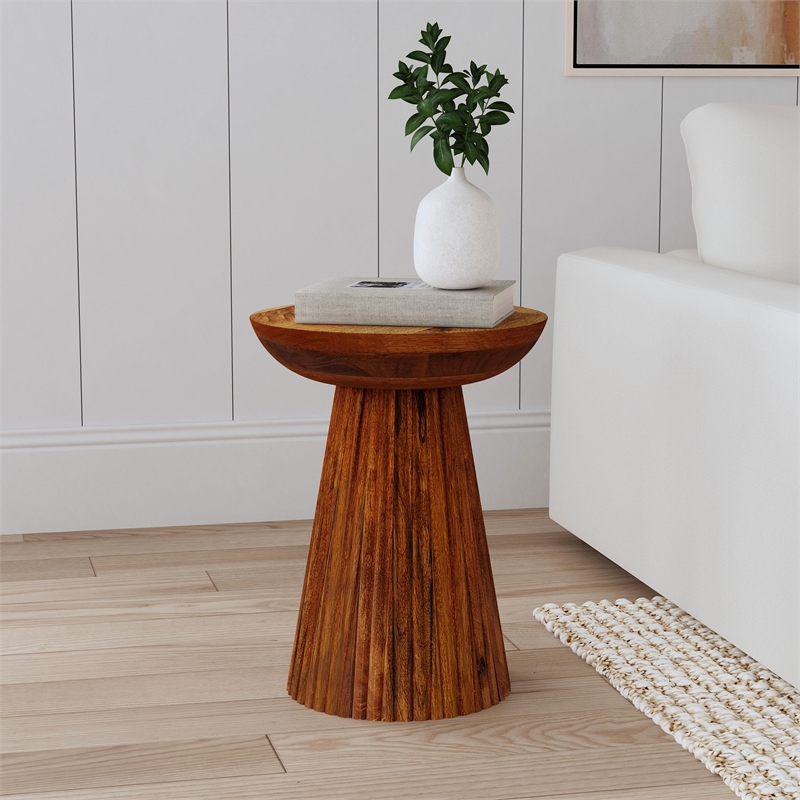 Pemberly Row Round Solid Mango Wood Accent Side Table in Wild Honey