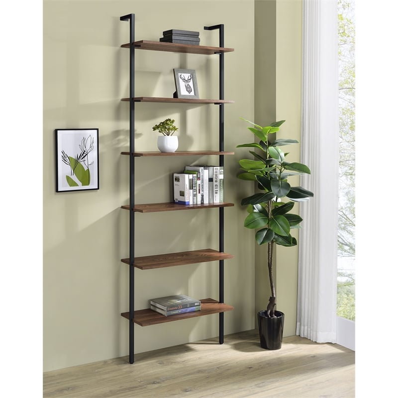 Pemberly Row 96-inch 6-shelf Wall Bookshelf with Metal Frame in Walnut