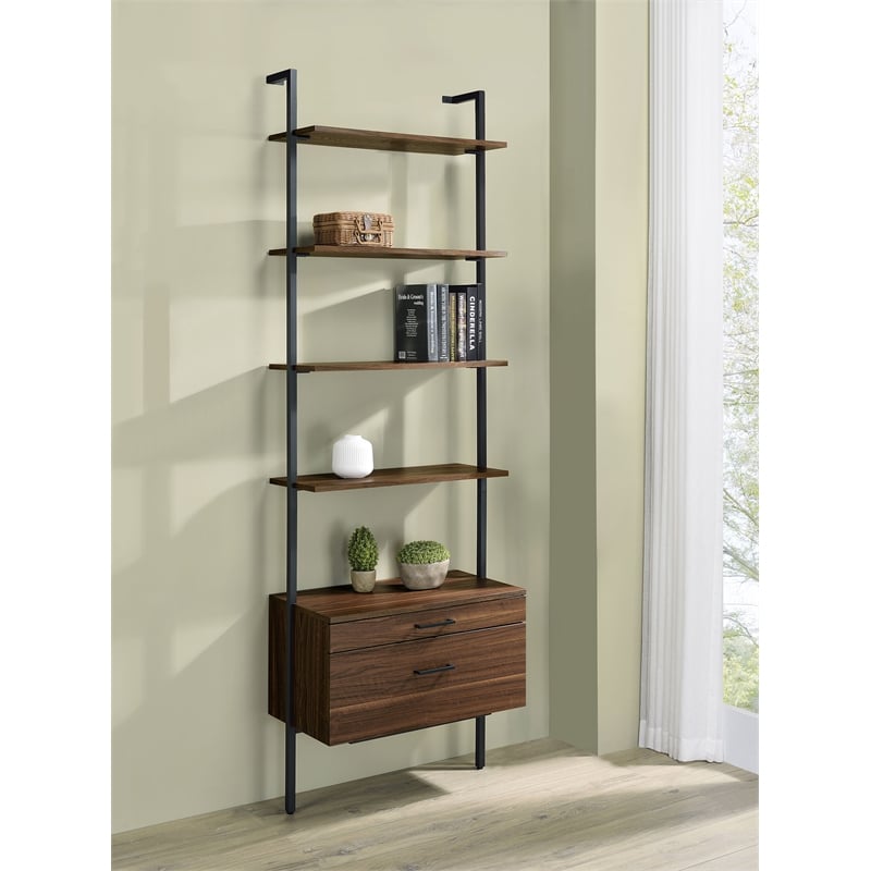 Pemberly Row 96-inch 4-shelf Wall Bookshelf with 2 Drawers in Walnut