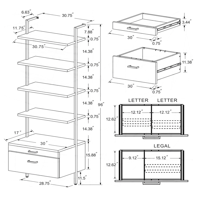 Pemberly Row 96-inch 4-shelf Wall Bookshelf with 2 Drawers in Walnut