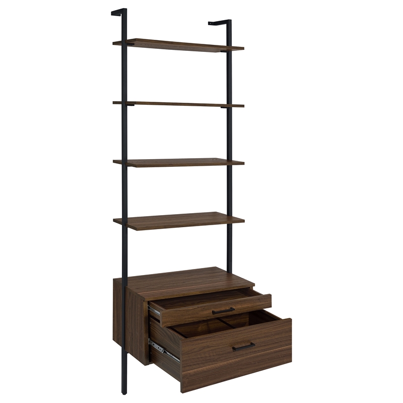 Pemberly Row 96-inch 4-shelf Wall Bookshelf with 2 Drawers in Walnut