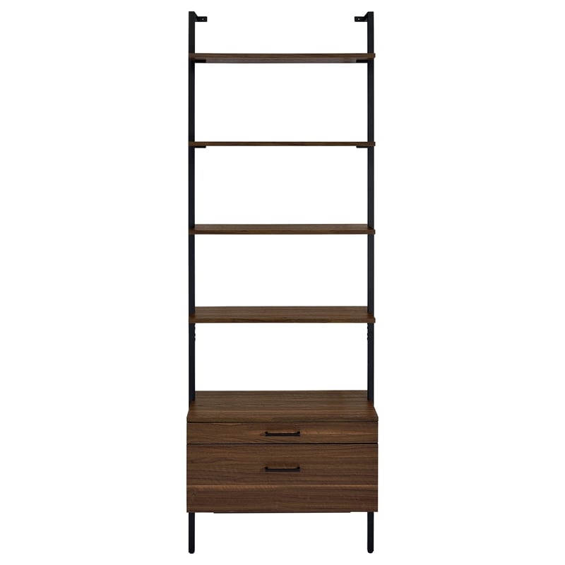 Pemberly Row 96-inch 4-shelf Wall Bookshelf with 2 Drawers in Walnut