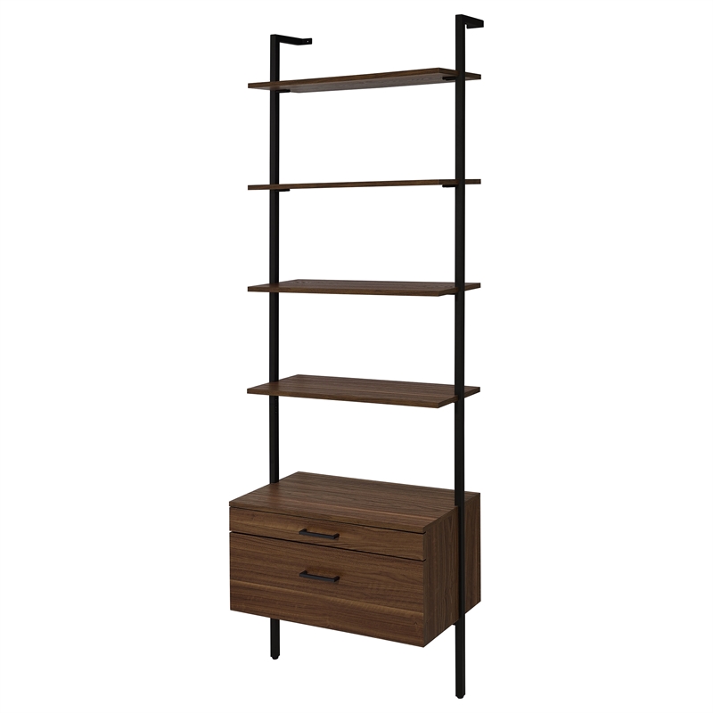 Pemberly Row 96-inch 4-shelf Wall Bookshelf with 2 Drawers in Walnut