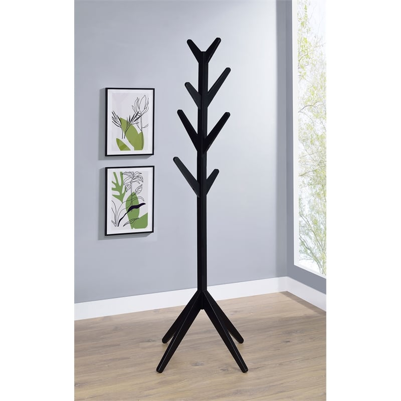 Pemberly Row Solid Wood Coat Rack Clothing Hanger with 8 Hooks in Black