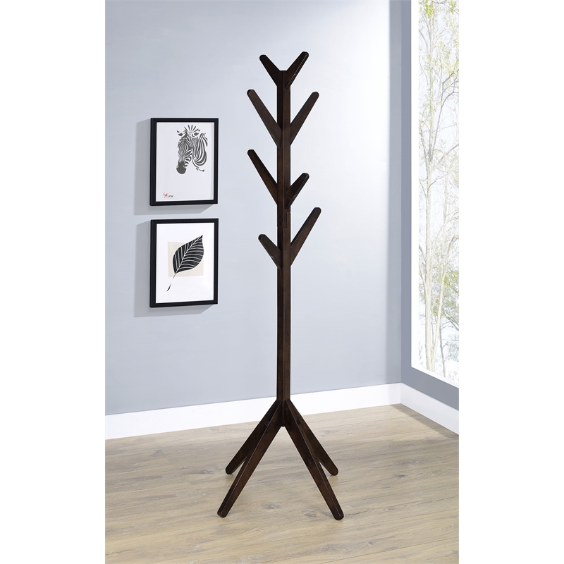 Pemberly Row Solid Wood Coat Rack Hanger with 8 Hooks in Cappuccino