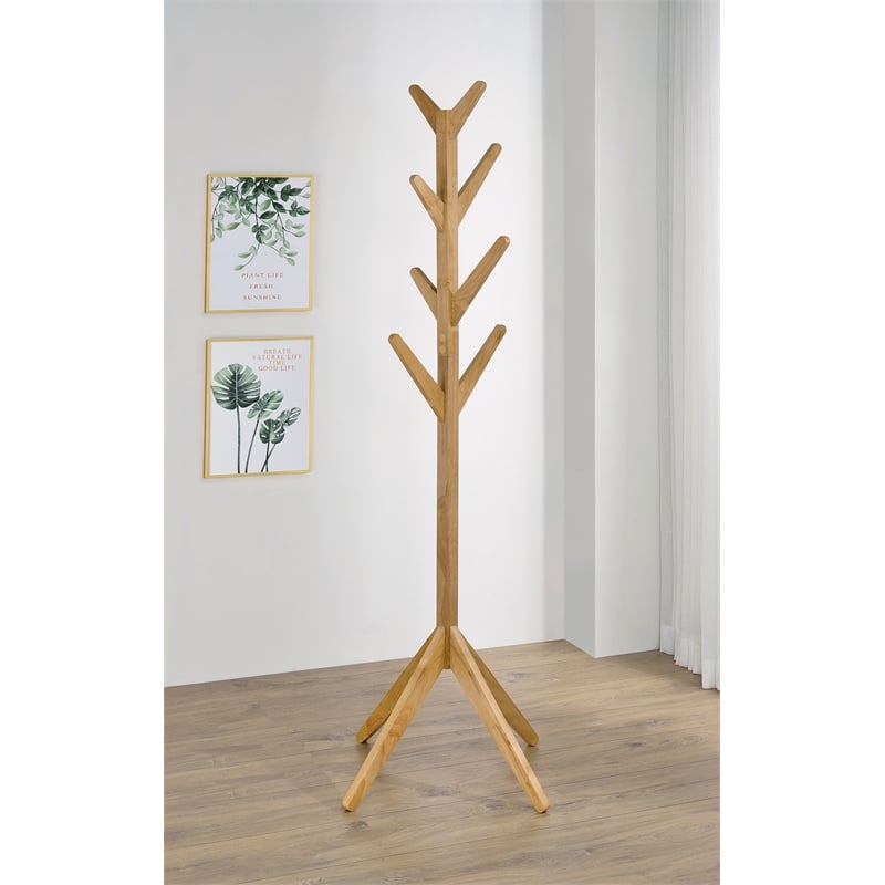 Pemberly Row Solid Wood Coat Rack Hanger with 8 Hooks in Natural Oak