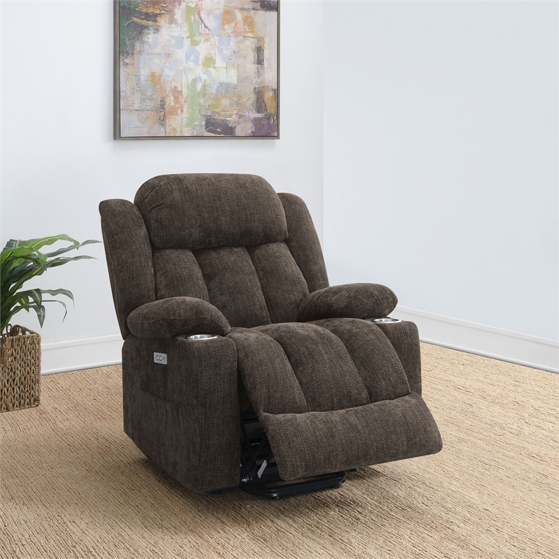 Pemberly Row Upholstered Power Lift Recliner Chair in Dark Brown