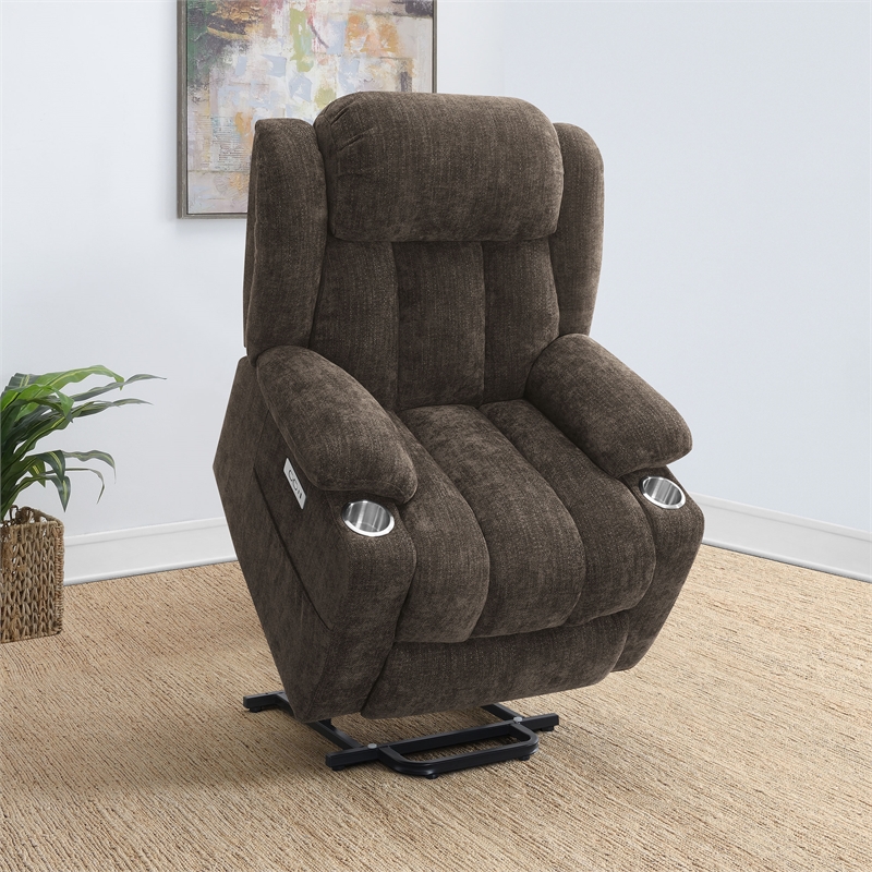 Pemberly Row Upholstered Power Lift Recliner Chair in Dark Brown