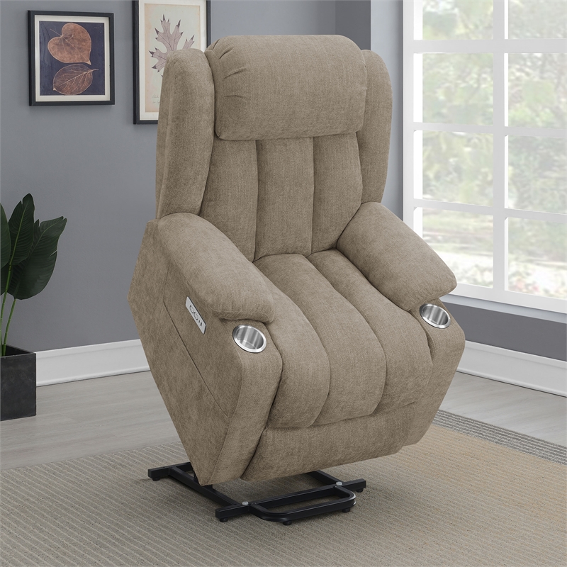 Pemberly Row Upholstered Power Lift Recliner Chair with USB Port in Camel