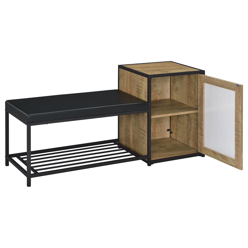 Pemberly Row Shoe Storage Entryway Bench with Cabinet in Brown and Black