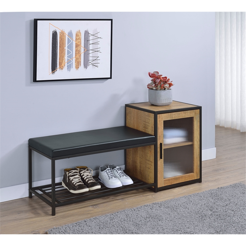 Pemberly Row Shoe Storage Entryway Bench with Cabinet in Brown and Black
