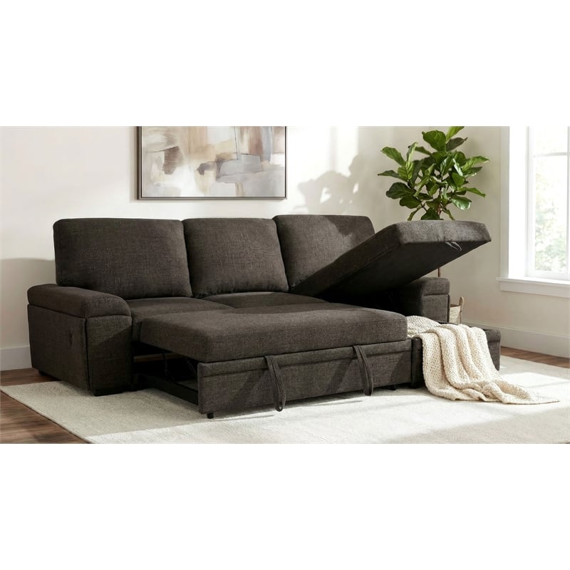 Pemberly Row Sleeper Sectional with Speaker and Storage Chaise in Brown