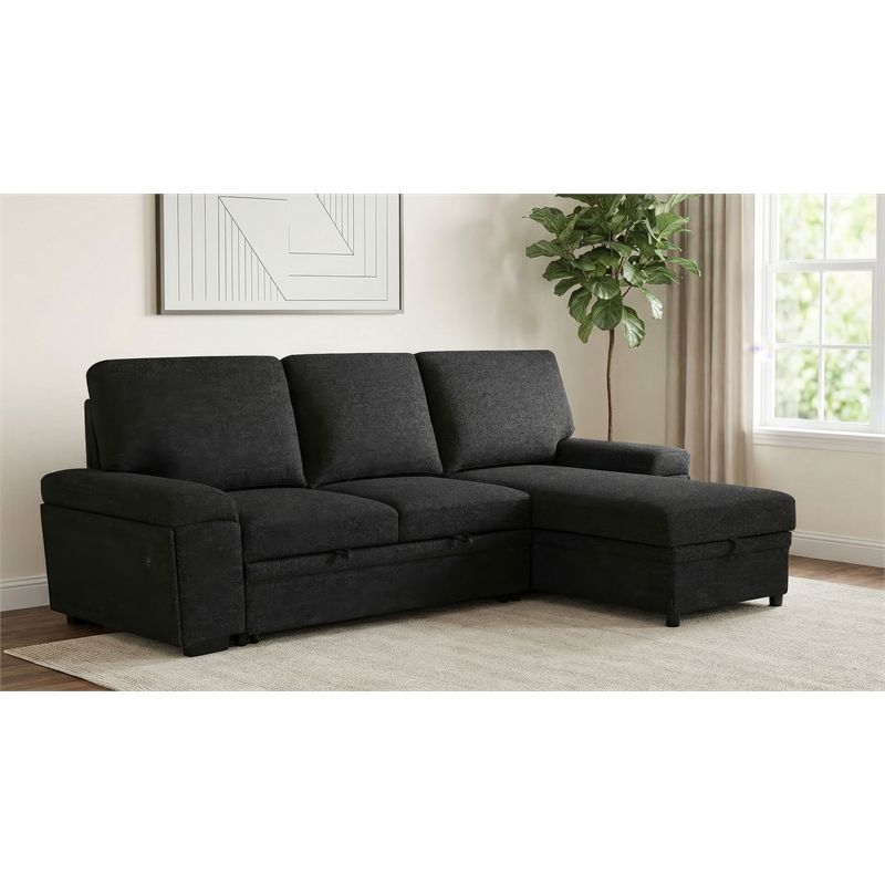 Pemberly Row Sleeper Sectional with Speaker and Storage Chaise in Black