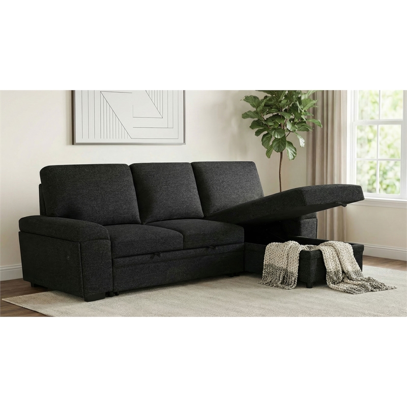 Pemberly Row Sleeper Sectional with Speaker and Storage Chaise in Black