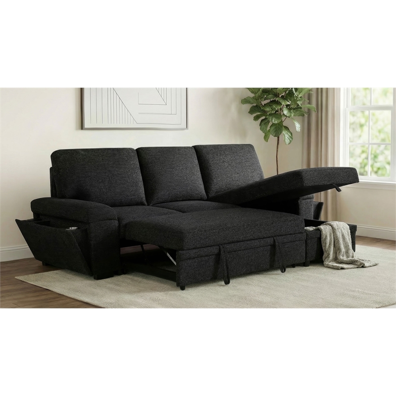 Pemberly Row Sleeper Sectional with Speaker and Storage Chaise in Black