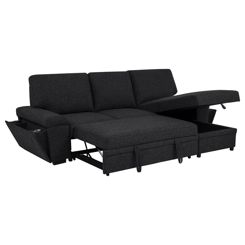 Pemberly Row Sleeper Sectional with Speaker and Storage Chaise in Black