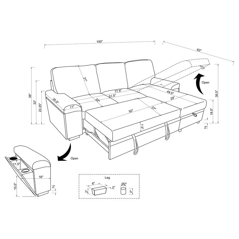 Pemberly Row Sleeper Sectional with Speaker and Storage Chaise in Gray