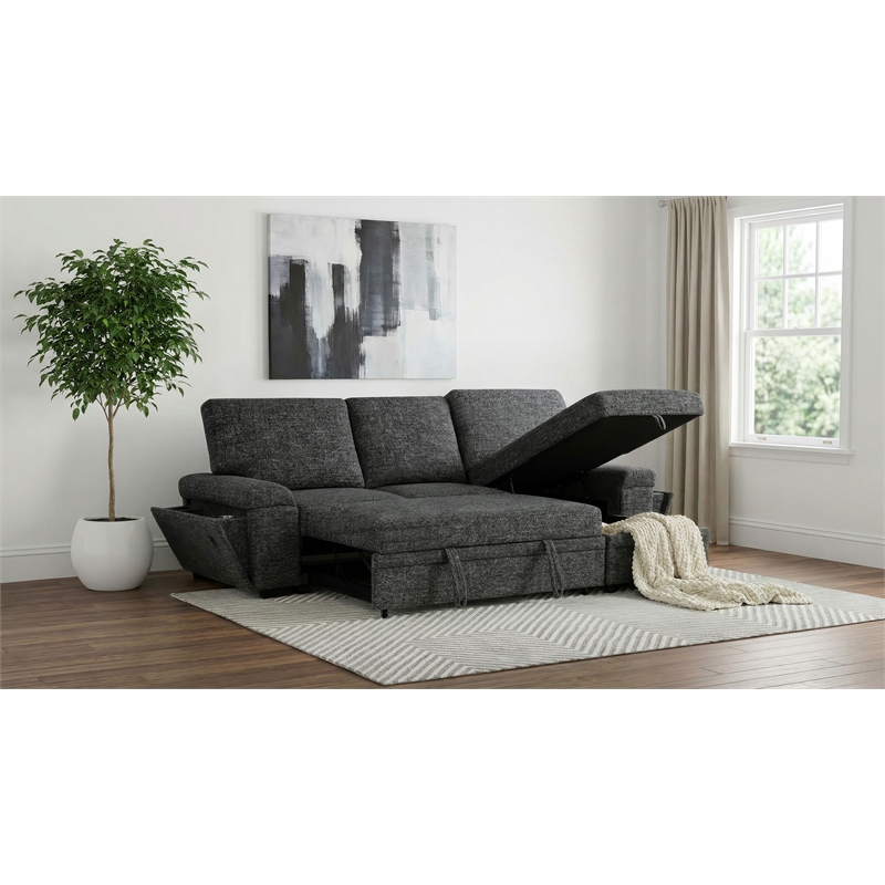 Pemberly Row Sleeper Sectional with Speaker and Storage Chaise in Gray