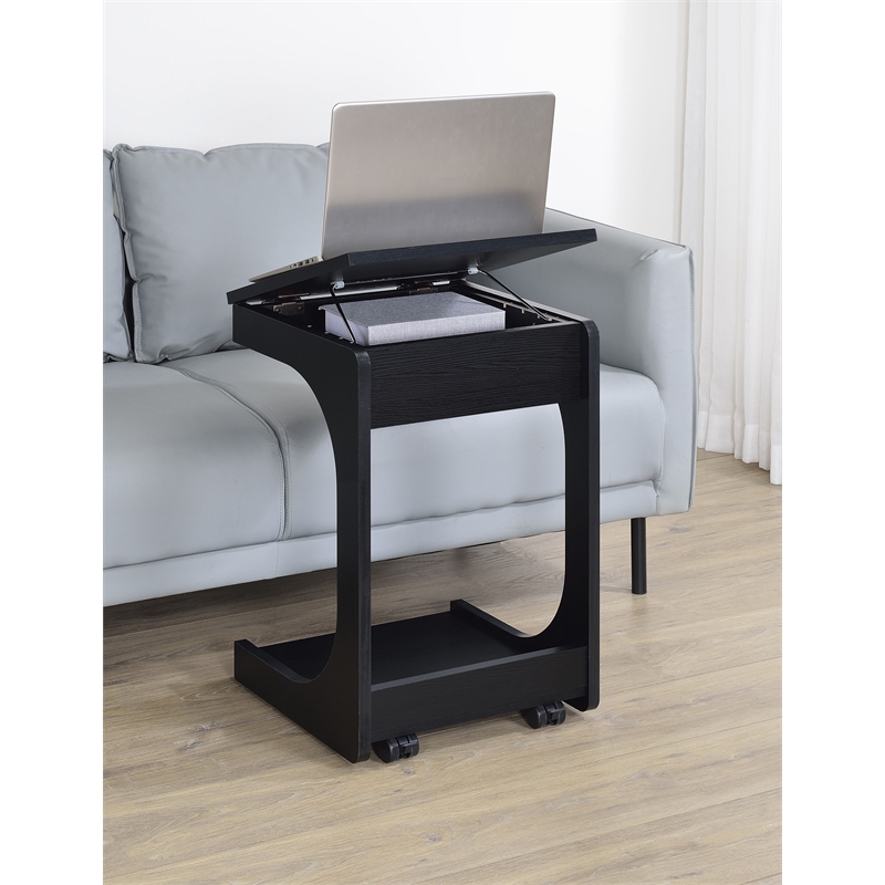 Pemberly Row C-Shaped Lift-Top Sofa Side Table With Casters in Black
