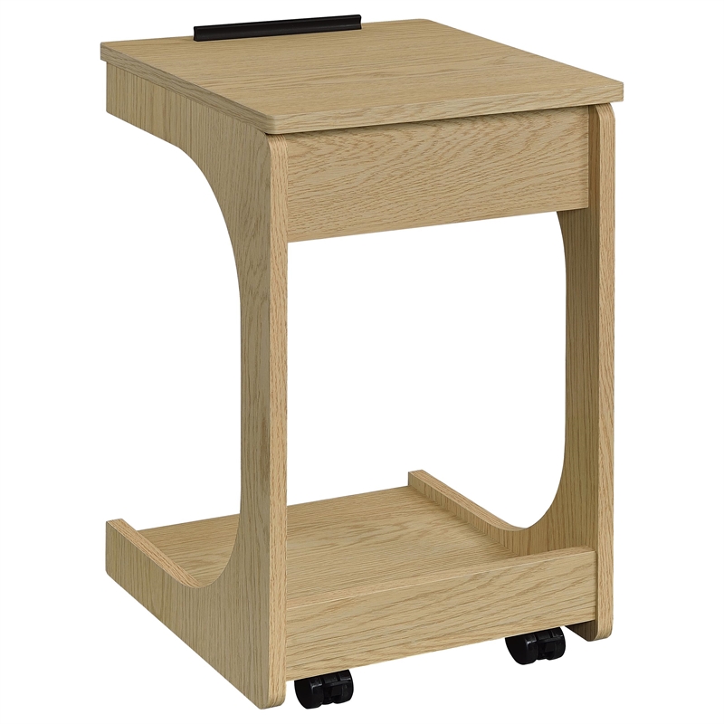 Pemberly Row C-Shaped Lift-Top Sofa Side Table With Casters in Light Oak
