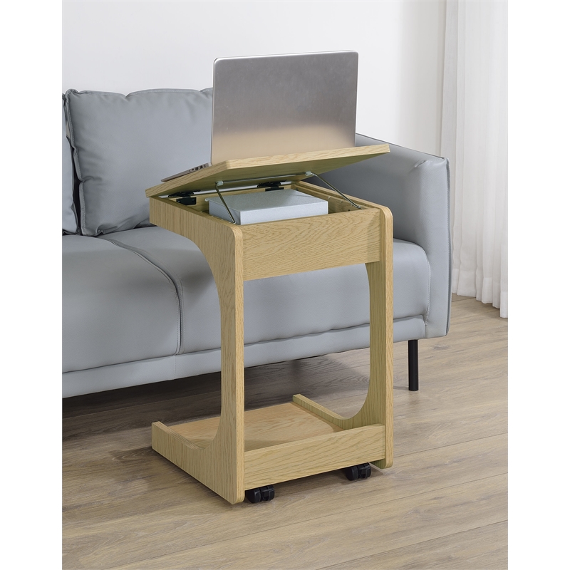 Pemberly Row C-Shaped Lift-Top Sofa Side Table With Casters in Light Oak