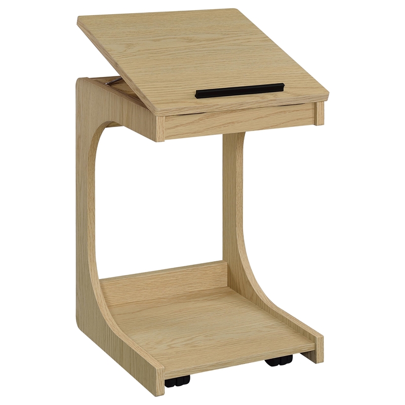 Pemberly Row C-Shaped Lift-Top Sofa Side Table With Casters in Light Oak