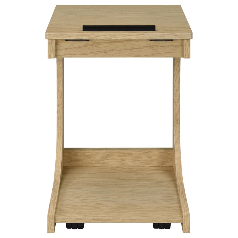 Pemberly Row C-Shaped Lift-Top Sofa Side Table With Casters in Light Oak