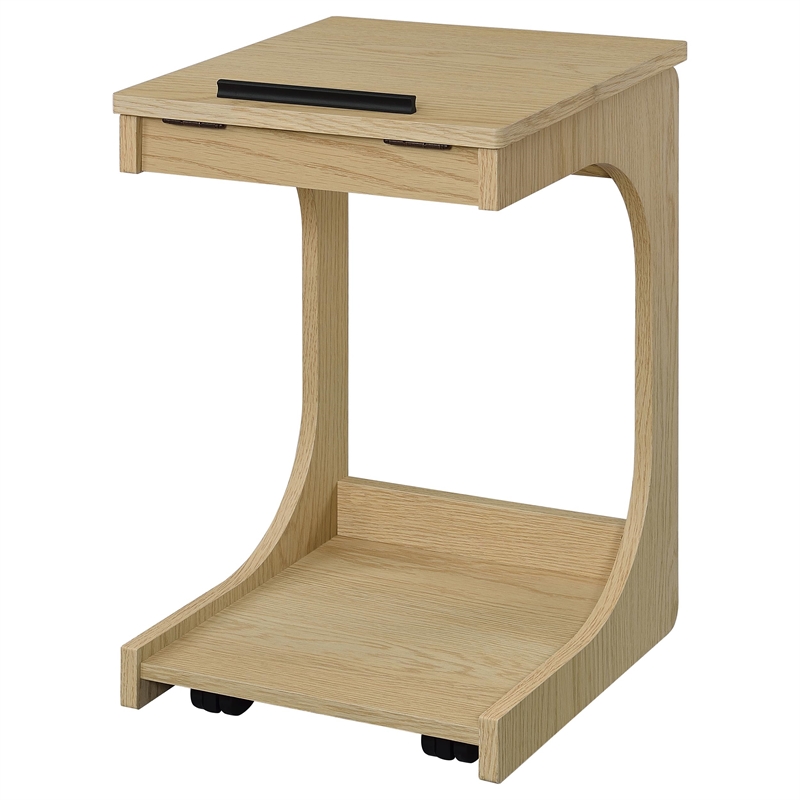 Pemberly Row C-Shaped Lift-Top Sofa Side Table With Casters in Light Oak
