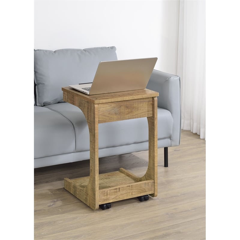 Pemberly Row C-Shaped Lift-Top Sofa Side Table With Casters in Brown